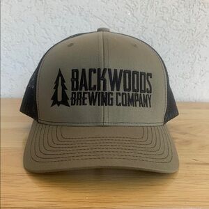Backwoods Brewing Company snapback hat. Olive green and black.